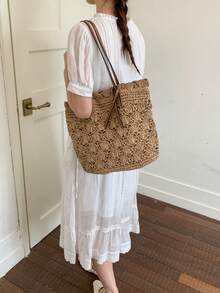 Túi tote bằng rơm tự nhiên, họa tiết vỏ sò 3D, quai đeo bằng da PU màu nâu, có thể đeo vai hoặc xách tay, khóa nam châm 2 trong 1, kiểu dáng Pháp, thích hợp cho nữ đi nghỉ mát, du lịch mùa xuân/hè, nghỉ mát biển, đi làm hàng ngày. - Màu Khaki - Xem 6