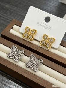 1对经典欧美风格四叶花耳钉 - 彩色 - 查看 3