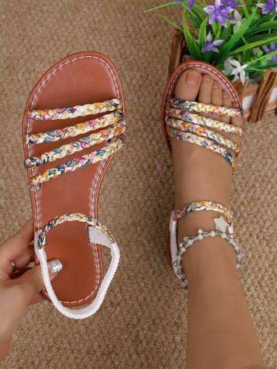 Bohemian Leopard Print Woven Women Casual Slip-On Sandals, Minimalist European And American Style For Home, Party, Beach, Comfortable Wear With Anti-Slip Sole