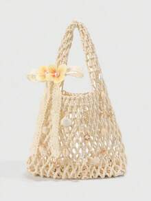 时尚轻便的镂空海螺壳单肩包，优雅的蝴蝶结花朵手提包，设计独特，休闲简约的个性化钩针编织包，适合日常度假、海滩郊游、派对等场合。 - 米色 - 查看 11