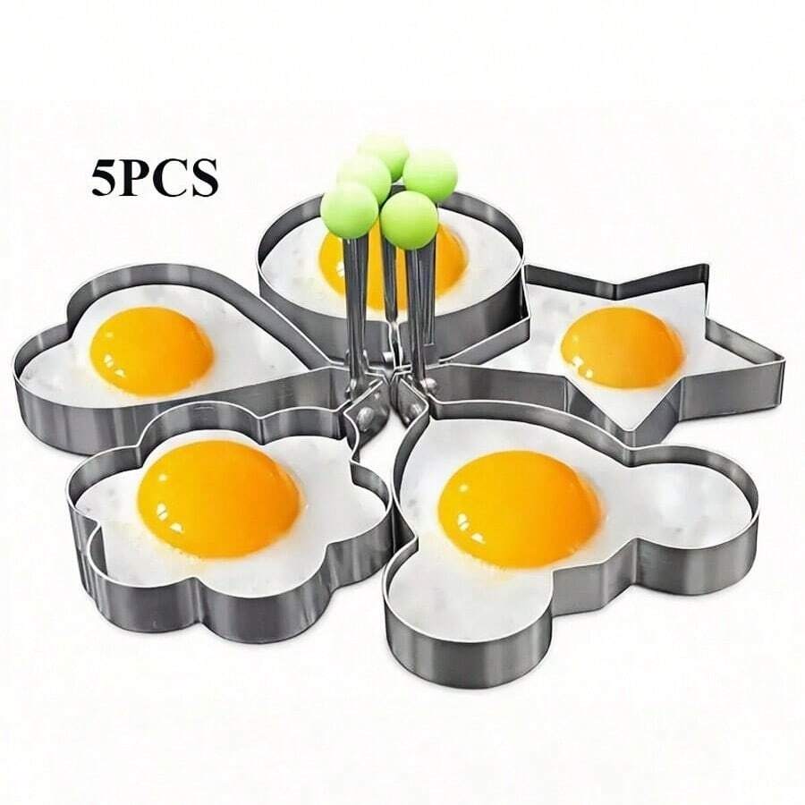 5pcs Cartoon Shaped Non-Stick Egg Ring Set, Stainless Steel Egg Rings, Heart, Star, Flower, Round Shapes, Suitable For Fried Eggs, Pancakes, Chicken Wraps, Perfect As Easter Gift