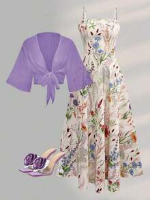 2 Pieces Women's Floral Chiffon Dress & Elegant Romantic Date Outfit Summer Spring - 多色 5 - 查看 13