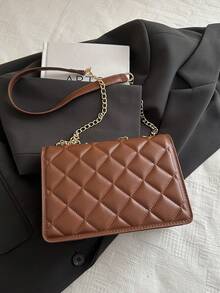 New Arrival Small Flap Bag With Tassel Chain, Niche Design Shoulder Crossbody Bag, Fashionable Chain Strap Mini Square Bag, Crease-Resistant Solid Color Rhombus Pattern Messenger Bag - Brown - View 9