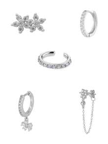 Bộ 5 đôi bông tai vòng mạ vàng 24K đính đá Cubic Zirconia xinh xắn dành cho nữ, gồm bông tai hình hoa Zirconia và bông tai dáng dài. - 5 cái/bộ - Xem 6