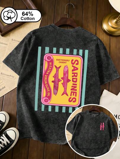 加大码女式T恤，粉色沙丁鱼图案双面印花，复古水洗圆领短袖休闲T恤，夏季上衣