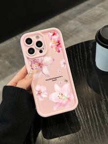 1 pieza Nuevo estuche de teléfono con cobertura completa, suave y grueso, con impresión floral de lirio y texto inspirador en inglés, compatible con iPhone 17 Air/17 Pro Max/17/16 Plus/15/14/13/12/11/XS Max/XR/7/8 - rosa claro - Ver 4