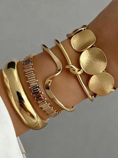 5 Peças Conjunto de Pulseiras Vintage Geométricas Exageradas Multilamelares Embrulhadas Abertas, Adequadas para Uso Diário e Festivo de Mulheres, Presente