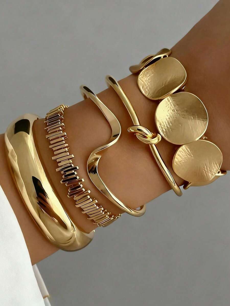5pcs Vintage Exaggerated Geometric Multi-Layer Wrapped Open Cuff Bracelet Set, Suitable For Women's Daily And Party Wear, Gift - Gold - View 1