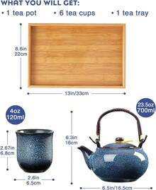 Dujust Japanese Tea Set, Cyan-Blue Porcelain Tea Set With 1 Teapot, 6 Tea Cups, 1 Tea Tray, 1 Stainless Steel Infuser, Asian Tea Set For Tea Lovers - Light Blue - View 3