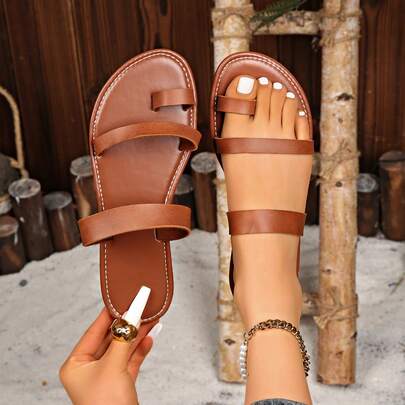 Teenage Girls' Fashion Minimalist One-Strap Flat Sandals, Soft Sole Lightweight Summer Versatile Beach Slippers