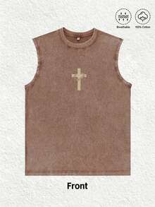 Men's  Printed Vintage Washed Vest,Sleeveless Printed T-Shirt, Featuring A "Jesus With A Crown Of Thorns," Is  Y2K Style Street Fashion Men's Washed Vest, Vintage Design. The Front Features A Cross Adorned With A Crown Of Thorns, While The Back Displays An Artistic Portrait Of Jesus Wearing The Crown. Made From Highly Breathable 100% Cotton, Round Neck Short-Sleeved Casual T-Shirt.This Vest Is Ideal For Easter Celebrations, Church Events, Or Everyday Wear, Adding A Touch Of Religious And Nostalgic Charm To Your Outfit. This Men's Crew Neck Printed Casual Vest Makes A Great Gift For Friends And Family. 100% Cotton T-Shirt, Stylish And Youthful Design. Unisex Graphic Summer Short-Sleeved T-Shirt, Back-To-School Essential | Couple Gift | Holiday Gift | Easter Gift - 咖啡色 - 查看 3