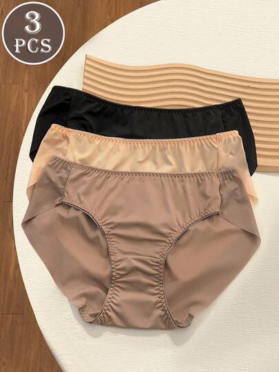 3pcs/Pack Women Seamless Mid-Waist Underwear, Comfortable Minimalist Lifting Breathable Panties