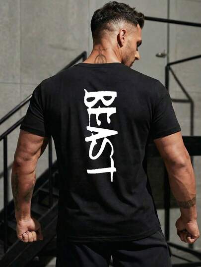 Áo thun nam cổ tròn in chữ dọc hình quái thú, kiểu dáng thường ngày, phong cách thể thao đường phố Mỹ, thích hợp mặc ngoài trời.