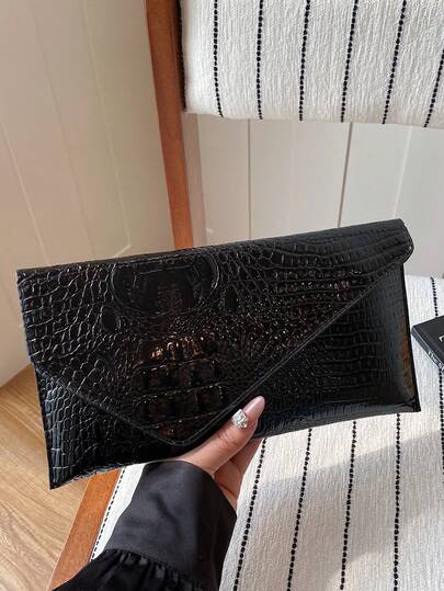 1pc Quilted Flap Closure PU Solid Color Envelope Clutch, Fashionable Bright Color Party Handbag, Versatile Crocodile Embossed Women's Bag, Glossy Banquet Evening Square Bag, Suitable For Women To Use For Dates, Parties, Outings, Work, And Daily Life