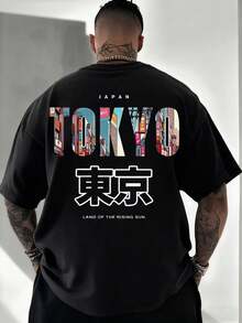 加大码男士宽松T恤，东京日本街头风图案T恤，复古日系城市印花休闲短袖上衣，适合高个男士 - 黑色 - 查看 3