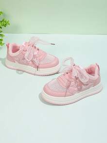 1 Pair Kids' New Fashion Breathable Mesh Soft Bottom PU Hook And Loop Design Cute Outdoor Running Flat Sports Shoes, Suitable For All Seasons - Pink - View 4