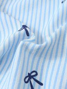 Striped Bow Print Pajama Set Sweet Cute Lapel Button-Up Top And Bow Shorts Women's Sleepwear And Loungewear - Blue - View 8