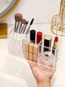 1 pieza Caja de almacenamiento de maquillaje y suministros de oficina de múltiples compartimentos de acrílico transparente - Organizador de escritorio con 3 ranuras y soporte para brochas, soporte de tocador ahorrador de espacio, caja organizadora de escritorio de plástico duradero (caja de almacenamiento para decoración del hogar), organizador de maquillaje, decoración de dormitorio, decoración del hogar - transparente - Ver 8