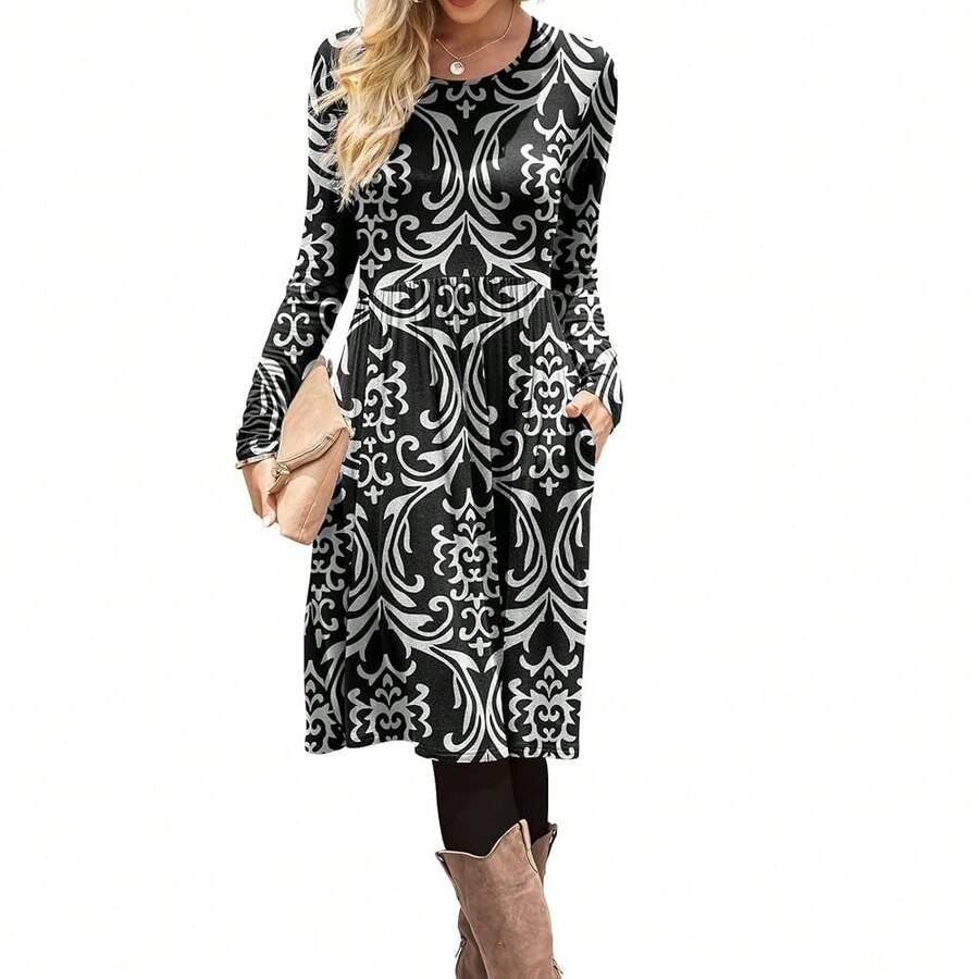 Women Casual Long Sleeve Dresses Empire Waist Knee Length Loose Dress With Pockets - 黑色 - 查看 1