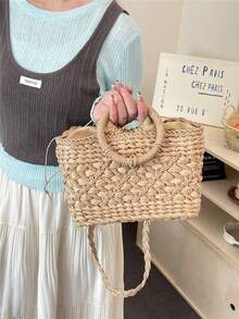 Túi tote 2 trong 1 có dây rút, làm từ rơm giấy tự nhiên, họa tiết hình thoi, thích hợp cho kỳ nghỉ, đi biển, đi làm hàng ngày, dã ngoại mùa xuân/hè. - Màu Khaki - Xem 3
