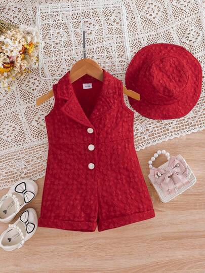 Summer Baby Girls' Fashionable Floral Decor Lapel Romper & Bucket Hat Set
