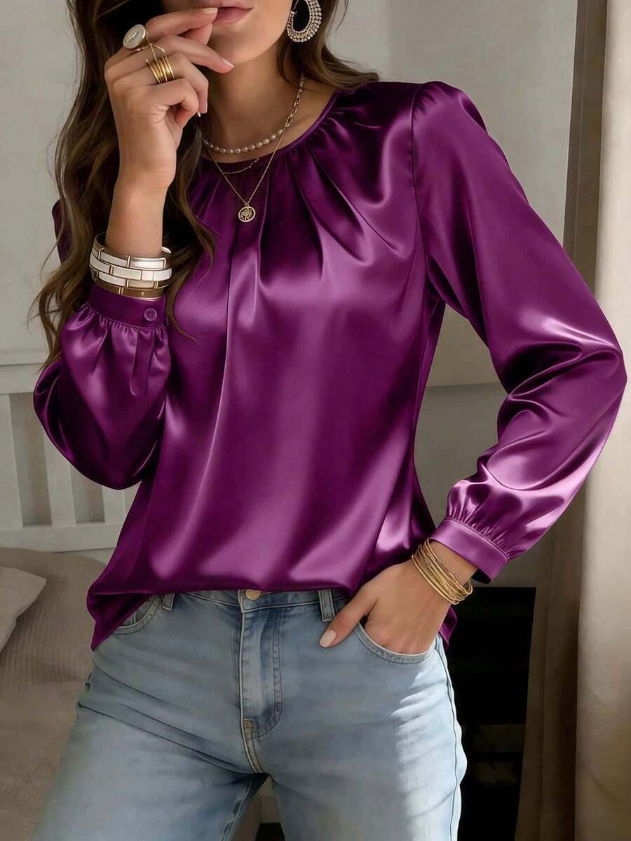 Blusa de manga larga con cuello redondo de tela tejida tipo seda para mujer, primavera - Rojo violeta - Ver 1