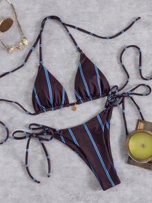 Bộ bikini dự tiệc hở lưng, dây mảnh, có đệm mềm mại, họa tiết sọc kim loại, trang trí mặt dây chuyền, thích hợp cho mùa hè đi biển và nghỉ mát, dành cho nữ giới. - Bánh bao mận - Xem 4