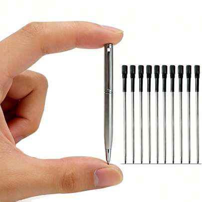 Bút bi mini bằng thép không gỉ kèm 10 ruột bút thay thế, bút bỏ túi tiện dụng, thích hợp để trong ví.