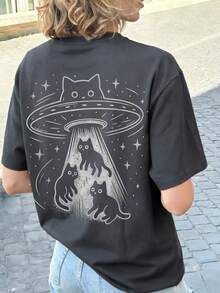 1 pieza Camiseta de mujer de manga corta y cuello redondo, suelta para el verano, con estampado de gato de dibujos animados y diseño de ciencia ficción, adecuada para vacaciones, oficina, salidas, uso diario, citas, fiestas, reuniones, calle, festivales, festivales de música, San Valentín y ocasiones casuales - Gris oscuro - Ver 5