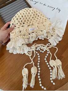 1 chiếc mũ len móc thủ công dành cho nữ, mũ len dệt tay có tua rua, mũ chống nắng mùa hè thời trang, phong cách Bohemian, thích hợp cho Ngày Valentine, đội cùng mẹ và con gái, trang phục đi nghỉ mát, trang phục Halloween (Nhãn có chữ cái được may ngẫu nhiên) - Nhiều màu - Xem 10