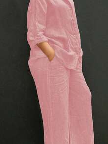 Lightweight Collar Casual Cardigan, Versatile Solid Color Elegant Blouse Top Suitable Beach, Daily, Commuting, Work, Shopping, Soft Fabric, Elastic Waist Loose Pants, 2-Piece Set, Spring/Summer/Autumn - 粉色 - 查看 1