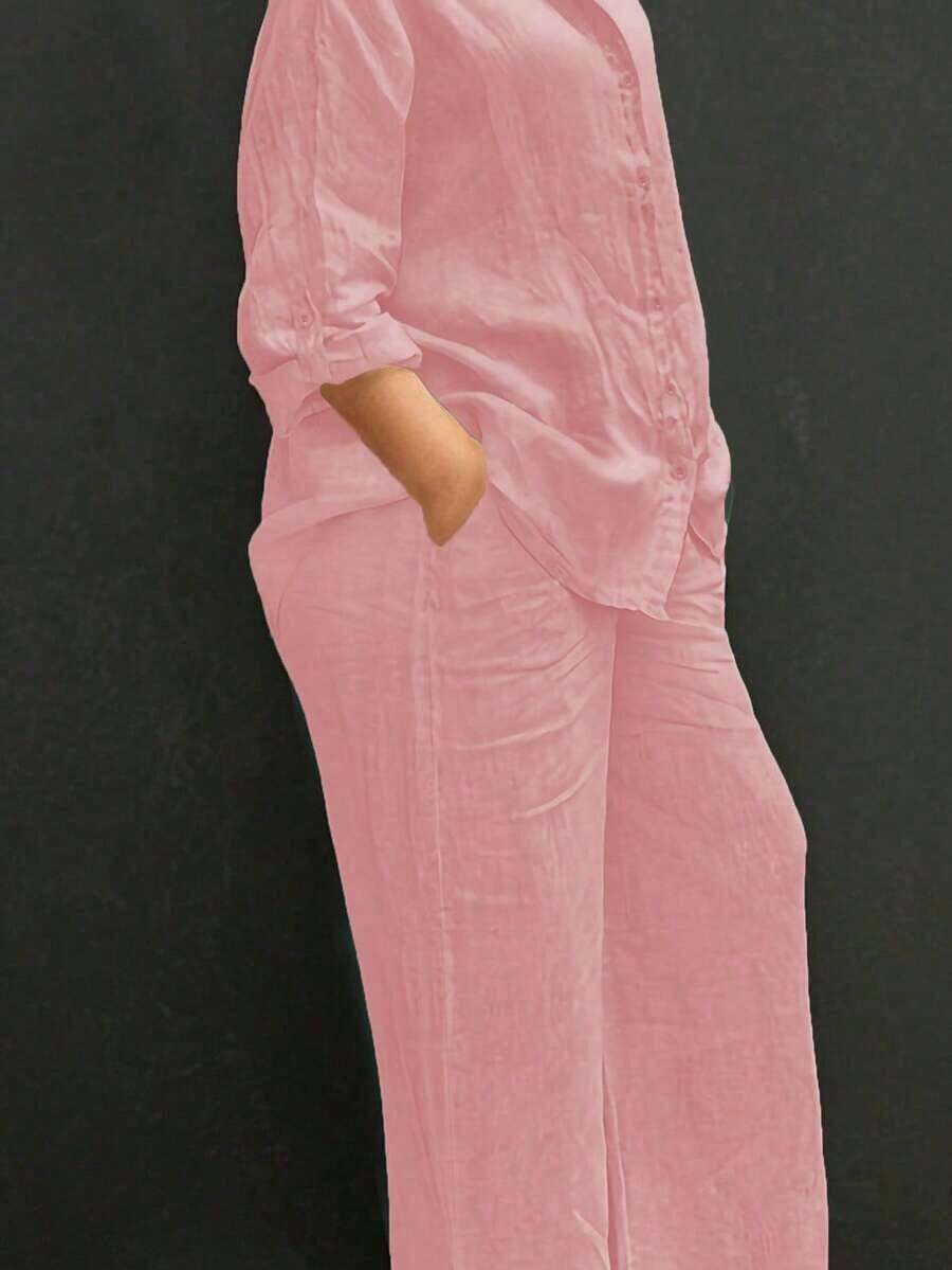 Lightweight Collar Casual Cardigan, Versatile Solid Color Elegant Blouse Top Suitable Beach, Daily, Commuting, Work, Shopping, Soft Fabric, Elastic Waist Loose Pants, 2-Piece Set, Spring/Summer/Autumn - 粉色 - 查看 1