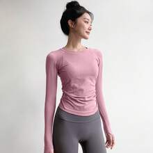 新作スリムフィットヨガトップス、女性用ラウンドネック、タイトフィットスポーツ長袖、ランニング速乾性ピラティストレーニングフィットネスウェア - ミスティブルー - チェックする 7