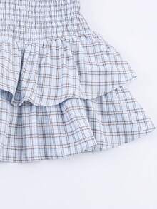 Đầm hè nữ thiết kế xếp ly eo, kẻ caro, vạt xòe - Xanh và trắng - Xem 6