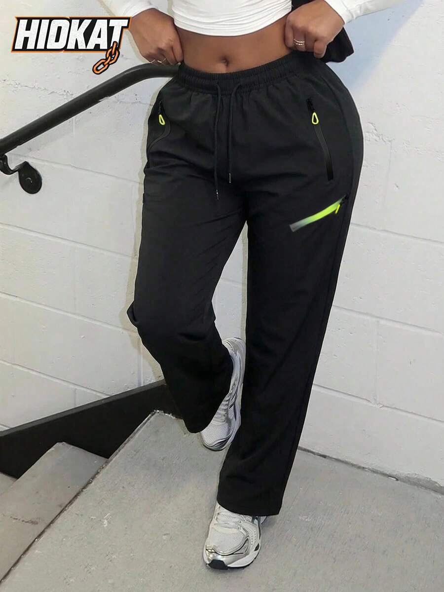 Hidkat 女士薄款休闲裤，多口袋设计，适合日常穿着、健身运动，春秋季紧身裤 - 黑色 - 查看 1