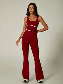 NcmRyu 1pc Women Striped Contrast Color Round Neck Jumpsuit Sports - Red - View 9