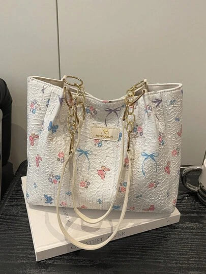 时尚蝴蝶结手提包，女士大容量单肩包，拉链托特包，适合日常使用，金属链条肩带，防水尼龙材质，返校必备，休闲碎花图案女士包