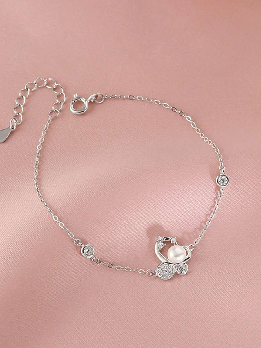 1 Bracelet papillon avec perle pour femmes avec un design de niche, mode haut de gamme, tempérament exquis, accessoire polyvalent et simple. Cadeau de la Saint-Valentin pour la petite amie - Argent - Voir 1