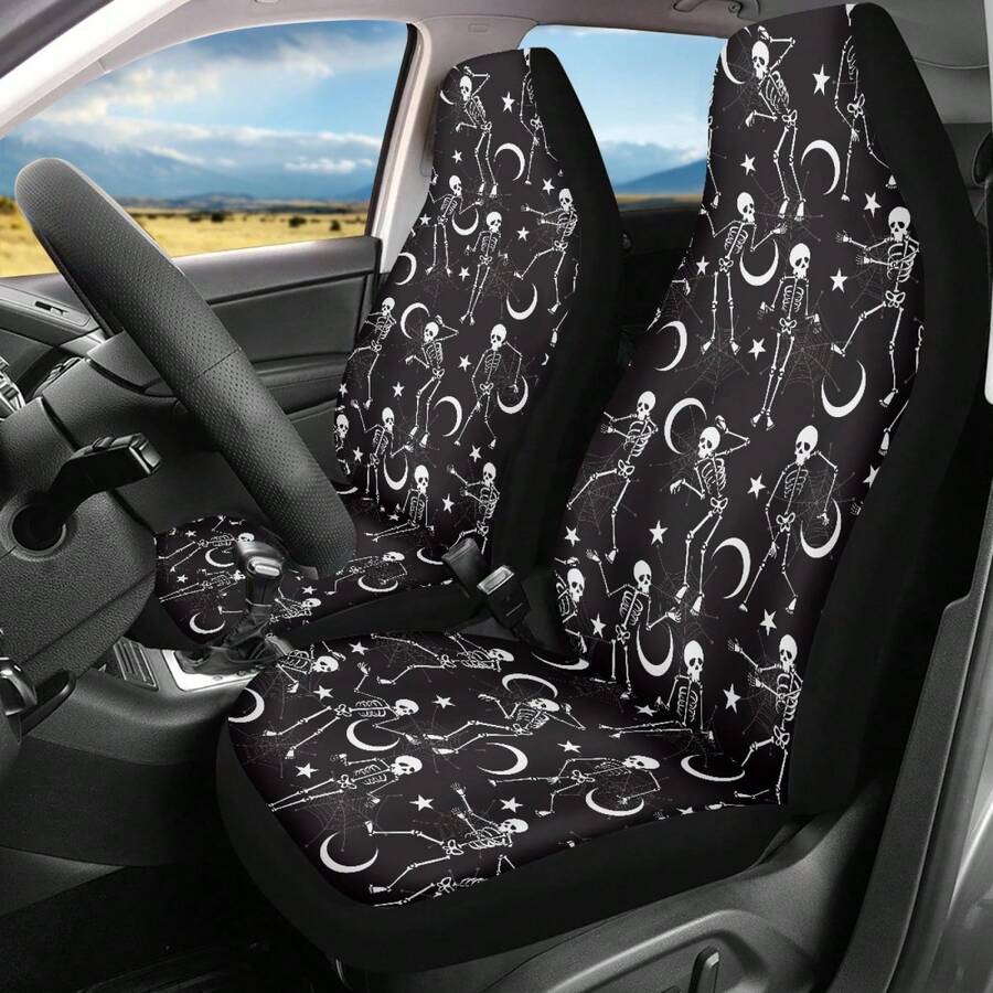 Skull Mushroom Print Car Front Seat Covers,Universal Car Seat Cushion Set,Suitable For Cars, SUVs, And Trucks,Perfect For Holiday Gift Or Special Occasion Present. - 有趣的骷髏蜘蛛網月亮星星 - 查看 1