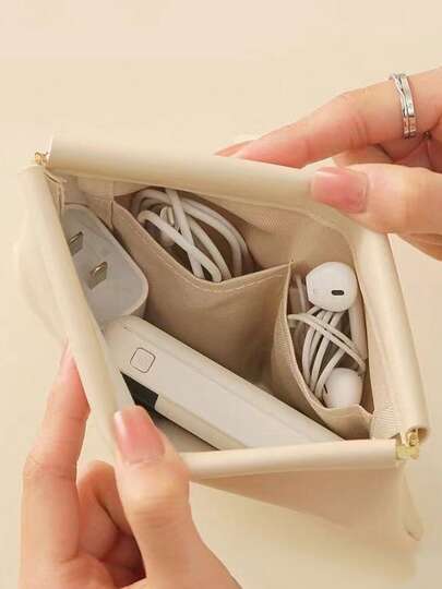 MIYIN 1 Stück weiches PU Kabel Schutz mit automatischem Verschluss, Quetsch-Stil Kopfhörer/Ladekabel Aufbewahrungstasche, tragbare Reise-Organizer-Tasche für Lippenstift, Powerbank, minimalistischer einfarbiger Buchstaben-Muster Reise-Kosmetiktasche, tägliches Reise-Zubehör, elektronische Organizer-Tasche, Ladegerät-Tasche, Urlaubsnotwendigkeit