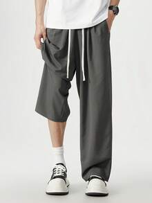 Plus Size Gray Casual Pants, Men's Loose Slimming Drawstring Draping Linen Straight Leg Trousers - Grey - View 2