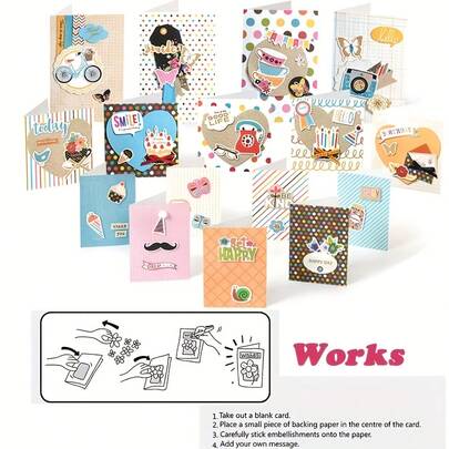 手工DIY贺卡套装，包含16张空白卡片和16个彩色信封，以及装饰配件，适合制作绿色生日和婚礼邀请函。