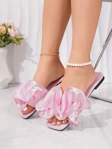 Women's Pleated Ruffle Open Toe Comfortable Versatile Square Toe Flat Sandals, Pink, Spring/Summer, Suitable For Outdoor, Party,Beach Outfits - Baby Pink - View 6