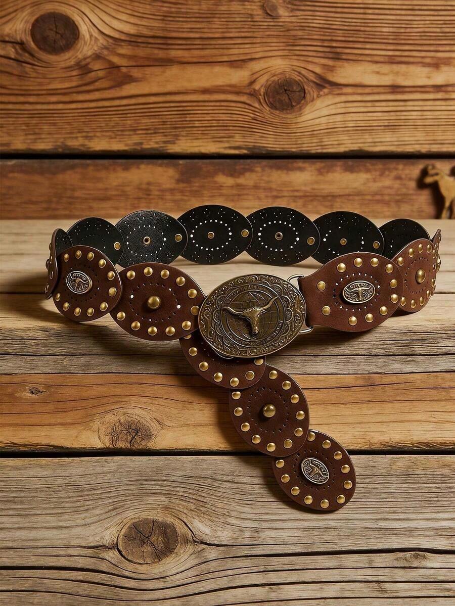 1pc Western Cowgirl Boho Style Women's Belt, Chunky Cowboy Belt, Autumn/Winter Brown Vintage Copper Rivet Oval Buckle Belt, Dress Accessory For Party, Festival - 咖啡 - 查看 1