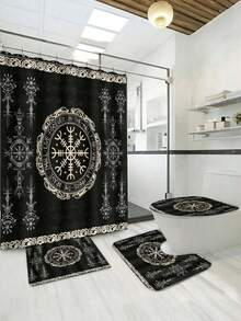 Juego de 4 piezas para baño, cortina de ducha con diseño de brújula retro mágica y símbolos místicos nórdicos, alfombra de baño, tapete - multicolor - Ver 5