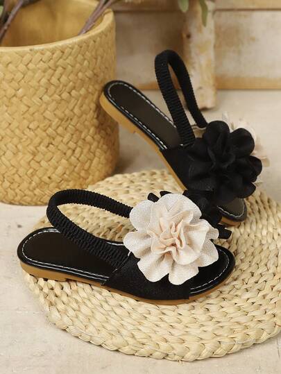 1 Pair Black Soft Fabric Floral Decor Elastic Slip-On Flat Sandals, Round Toe, Suitable For Girls Aged 3-12, Casual Beach Vacation Wear, Summer 2026 New Arrival