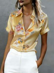 女款緞面無袖立領襯衫，無彈力標準版型，適合夏季、春季與秋季，黃色 - 黃色 - 查看 2