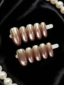 10片手工制作可佩戴美甲贴，极光猫眼杏仁形假指甲，可卸裸粉色温柔风格美甲贴纸 - 彩色 - 查看 4