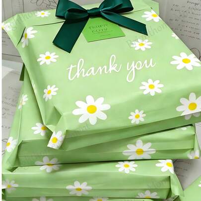 Large Green Daisy Print Waterproof Self-Sealing Mailing Bags With "Thank You" Text, Tear-Resistant Envelopes Suitable For Apparel, Durable Packaging Bags For Small Businesses, Wedding Gifts, Party Fillers, Mother's Day Presents