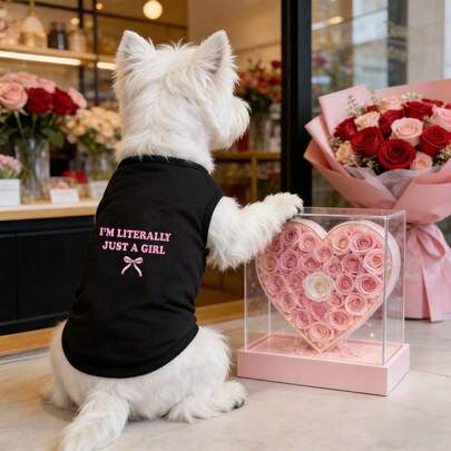 1 pieza Nuevo chaleco para mascotas, camiseta sin mangas con estampado "I'M LITERALLY JUST A GIRL" con lazo rosa, ropa para gatos y perros